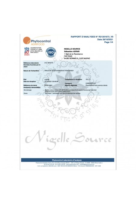 Olio di costus indiano d'Egitto 100ml Uso Alimentare - Fonte di Nigella-Huiles Naturelles-Safwa Boutique