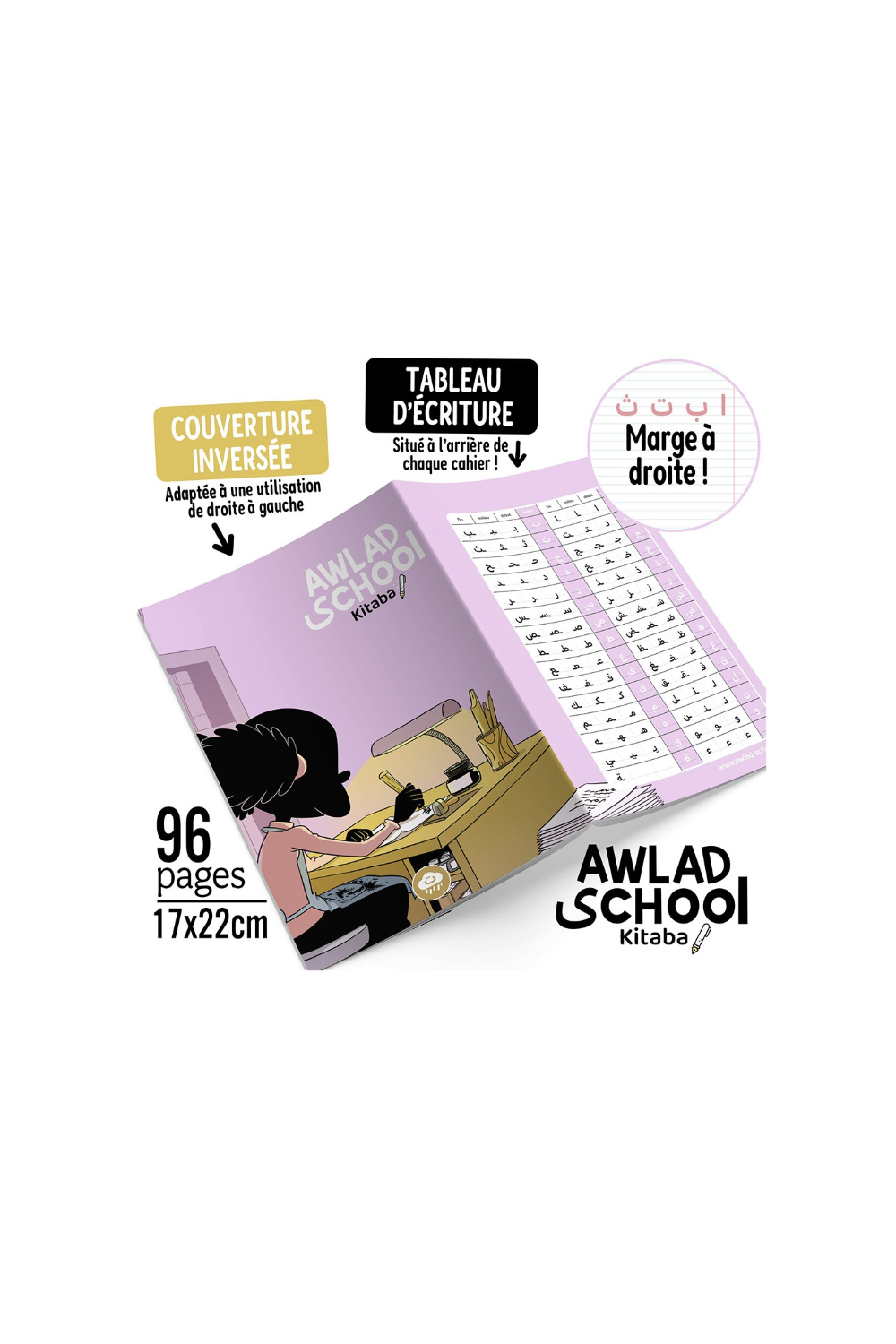 Caderno de escrita árabe Awlad School - Edições Bdouin-Apprendre l'arabe-Safwa Boutique