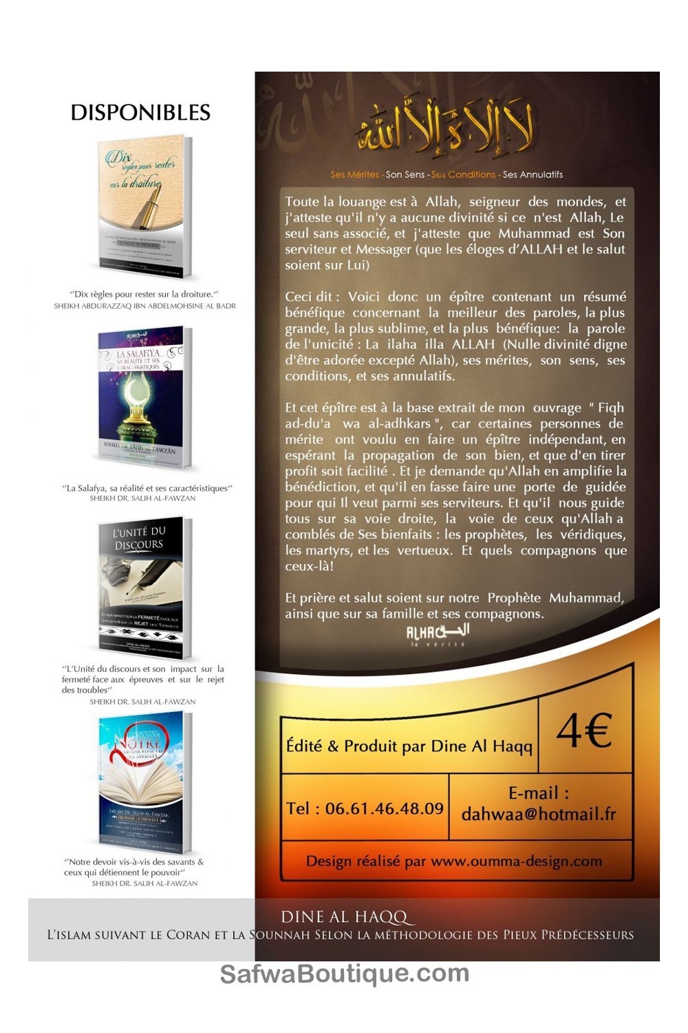 La Ilaha Illa ALLAHL: Sen Ansioit, Sen Merkitys, Sen Ehdot ja Sen Mitätöijät – Sheikh Abderrazzaq Ibn Abdelmohsin al-Badr-'Aqida & croyance-Safwa Boutique