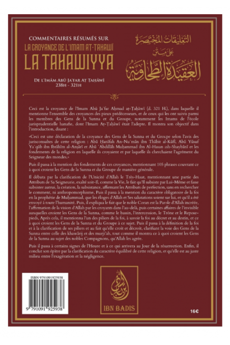Comentários e resumo sobre a fé do Imam At-Tahawi em LA TAHAWIYYA, de Abu Jafar At-Tahawi, de Salih Ibn Fawzan Al-Fawzan-'Aqida & croyance-Safwa Boutique
