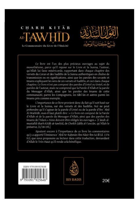 CHARH KITAB AT-TAWHID: Ykseyden Kirjan Kommentaari, Kirjoittanut Abd Ar-Rahmân Ibn Nâsir Ibn Sa'dî - IBN BADIS Painos-'Aqida & croyance-Safwa Boutique