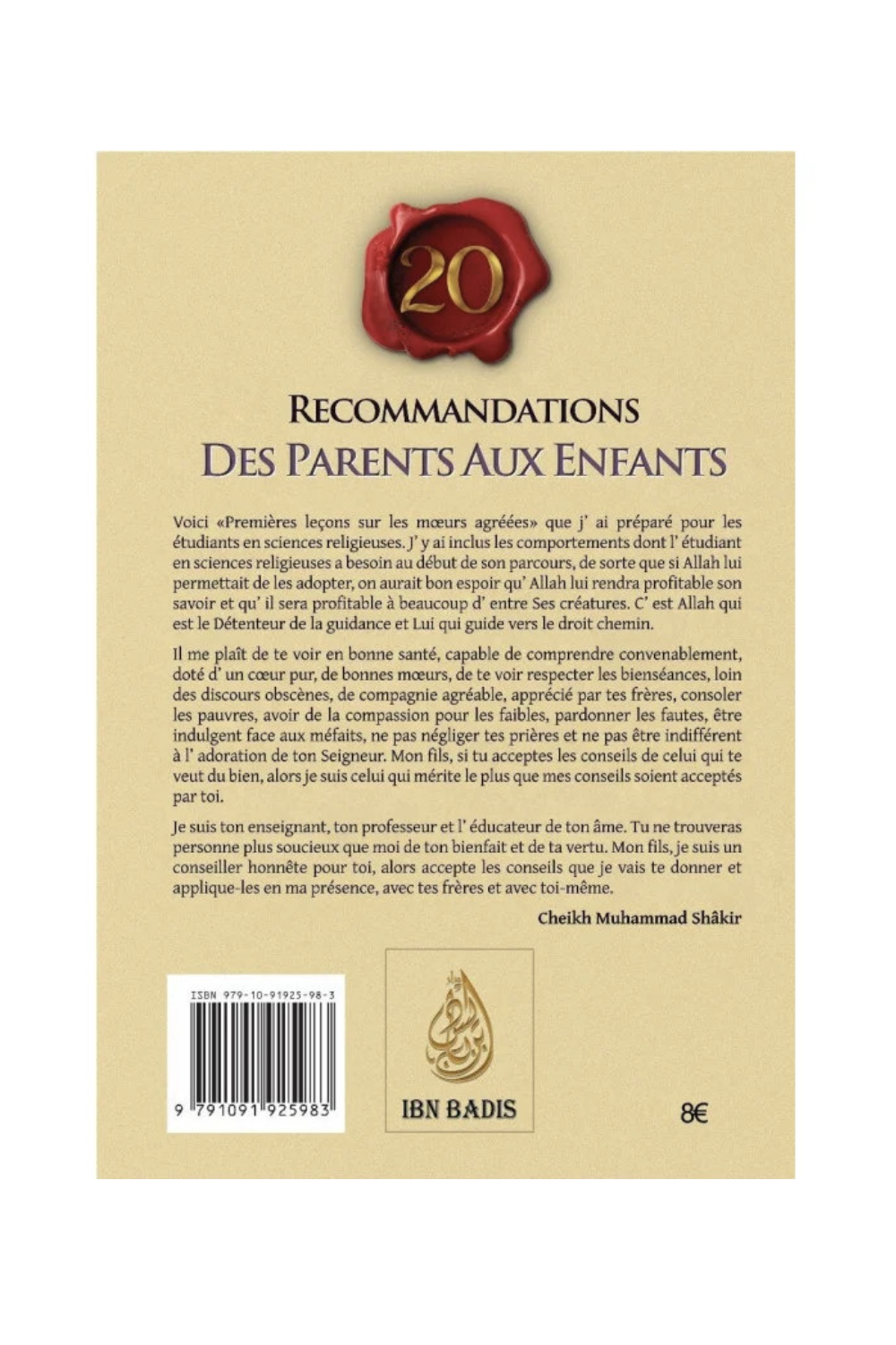 20 Raccomandazioni dei Genitori ai Figli di Cheikh Muhammad Shakir - Edizione IBN BADIS-Enfant & Famille-Safwa Boutique