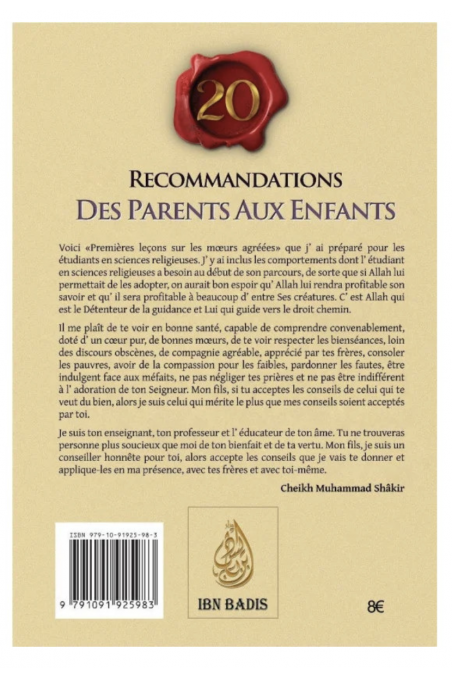 20 Raccomandazioni dei Genitori ai Figli di Cheikh Muhammad Shakir - Edizione IBN BADIS-Enfant & Famille-Safwa Boutique
