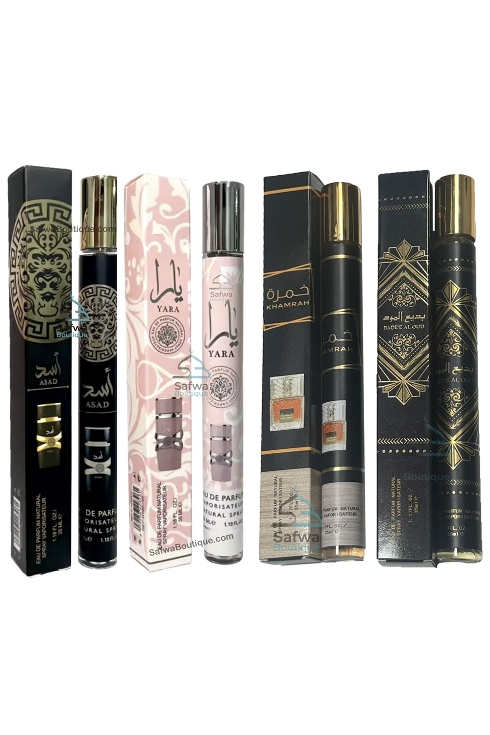 4 kpl taskukokoista minisuihketta 35ml - Yara/Asad/Khamrah/Badee Al oud-Spray perfume-Safwa Boutique