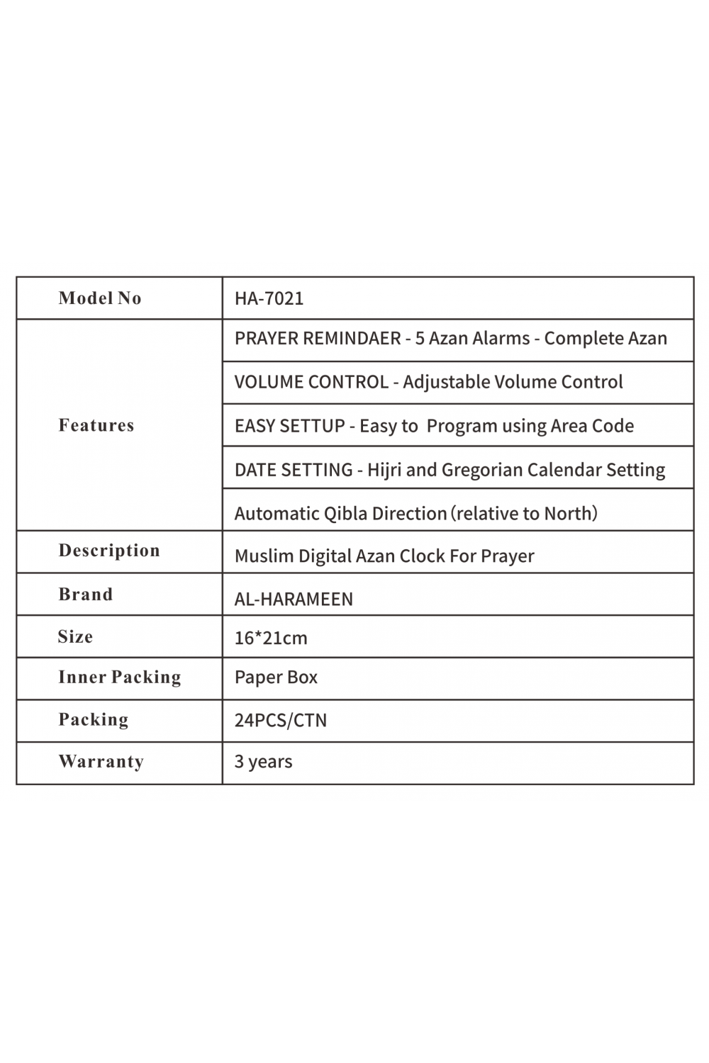 Adhan Klocka AL-HARAMEEN HA-7021, Klocka för Azan tidpunkter digital muslimsk väckarklocka-Montre & Horloge Adhan-Safwa Boutique