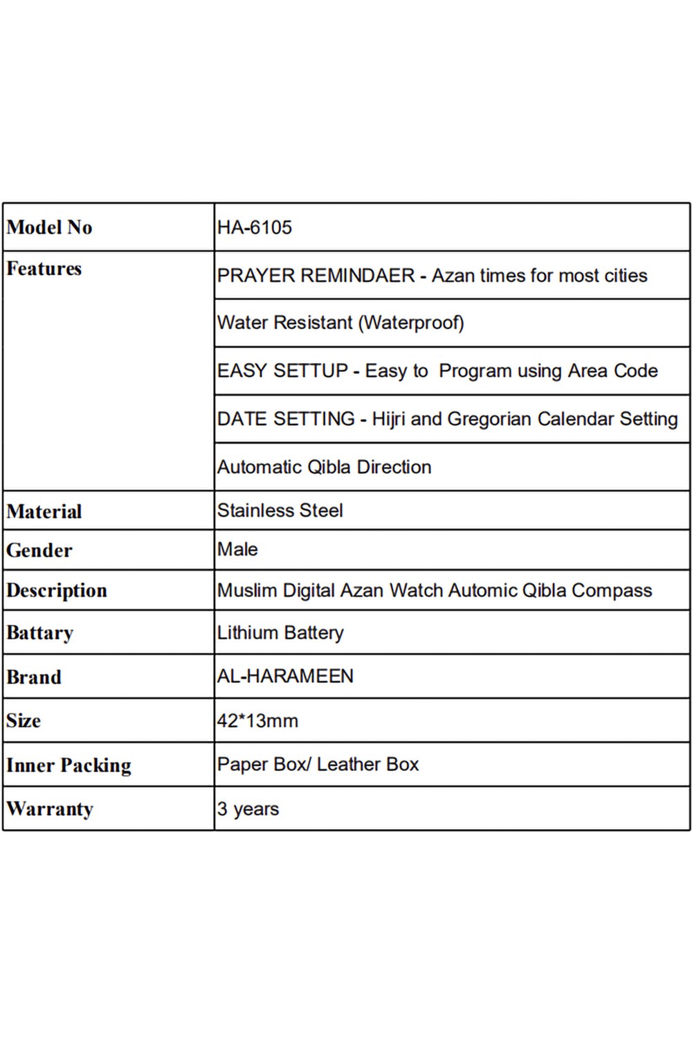 Original lyxklocka AL-HARAMEEN HA-6105 Azan tidklocka 50m vattentät, Analog-digital Azan klocka-Montre & Horloge Adhan-Safwa Boutique