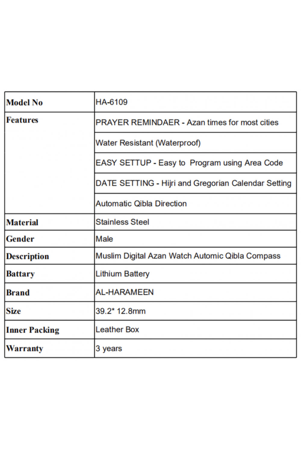 Alkuperäinen luksus Sapphire AL-HARAMEEN HA-6109 -kello, vedenkestävä digitaalinen Azan-teräsrannekello.-Montre & Horloge Adhan-Safwa Boutique