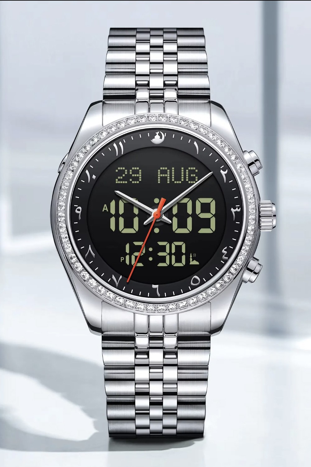 Original luksusklokke Saphir AL-HARAMEEN HA-6109 Digital Azan tid vannbestandig klokke, Rustfritt stål håndleddsklokke-Montre & Horloge Adhan-Safwa Boutique