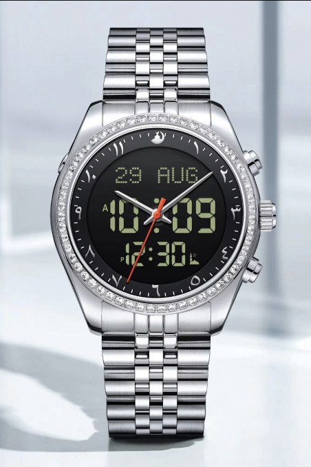 Original luksus Sapphire AL-HARAMEEN HA-6109 ur med digital Azan-tid, vandtæt ur med rustfrit stålrem.-Montre & Horloge Adhan-Safwa Boutique