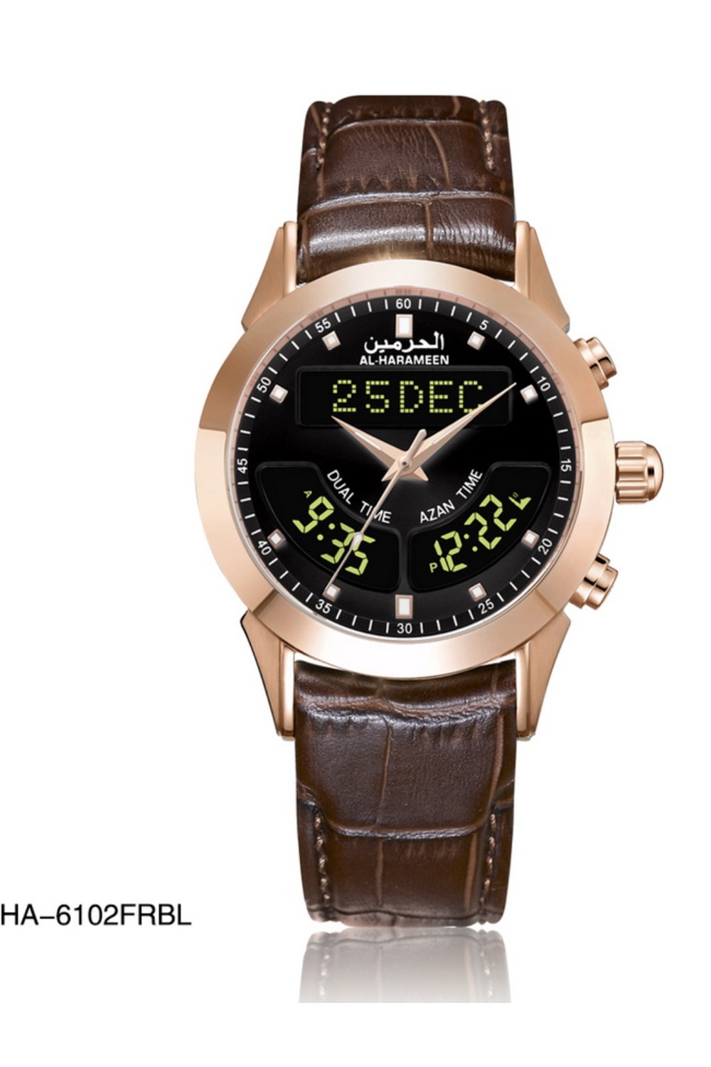 Alkuperäinen luksuskello AL-HARAMEEN HA-6102 Azan-aikakello, nahkainen lahjapakkaus, analoginen-digitaalinen Azan-Montre & Horloge Adhan-Safwa Boutique