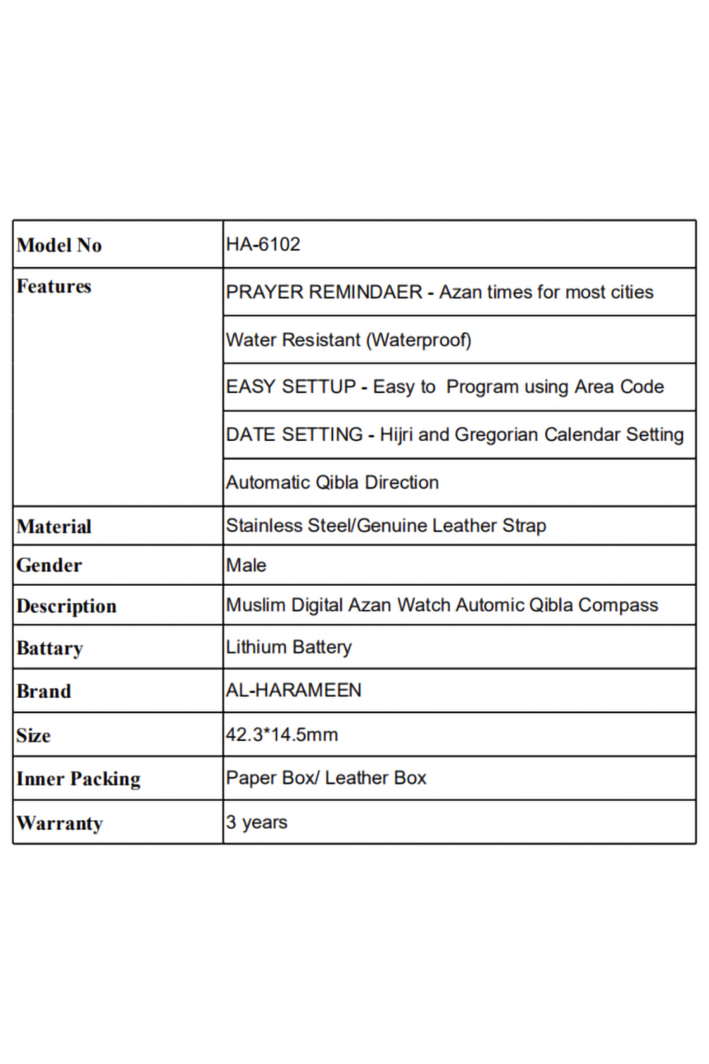 Alkuperäinen luksuskello AL-HARAMEEN HA-6102 Azan-aikakello, nahkainen lahjapakkaus, analoginen-digitaalinen Azan-Montre & Horloge Adhan-Safwa Boutique