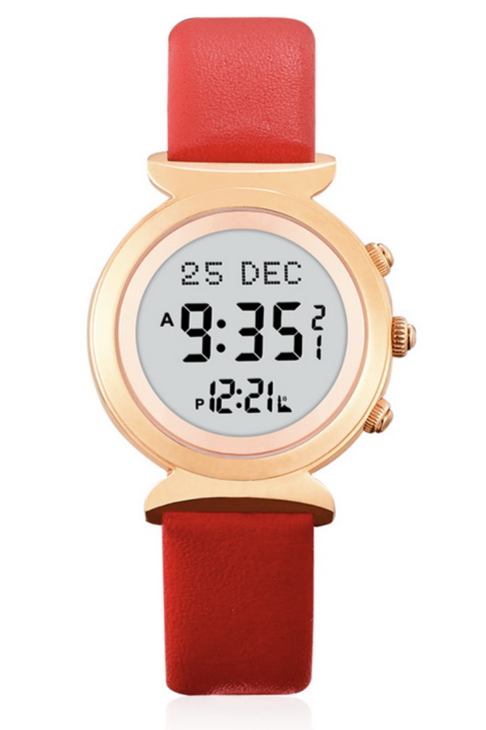 Al Harameen HA-6351 digitaalinen kello, kultainen nahkainen naisten kello, nahkainen lahjalaatikko-Montre & Horloge Adhan-Safwa Boutique