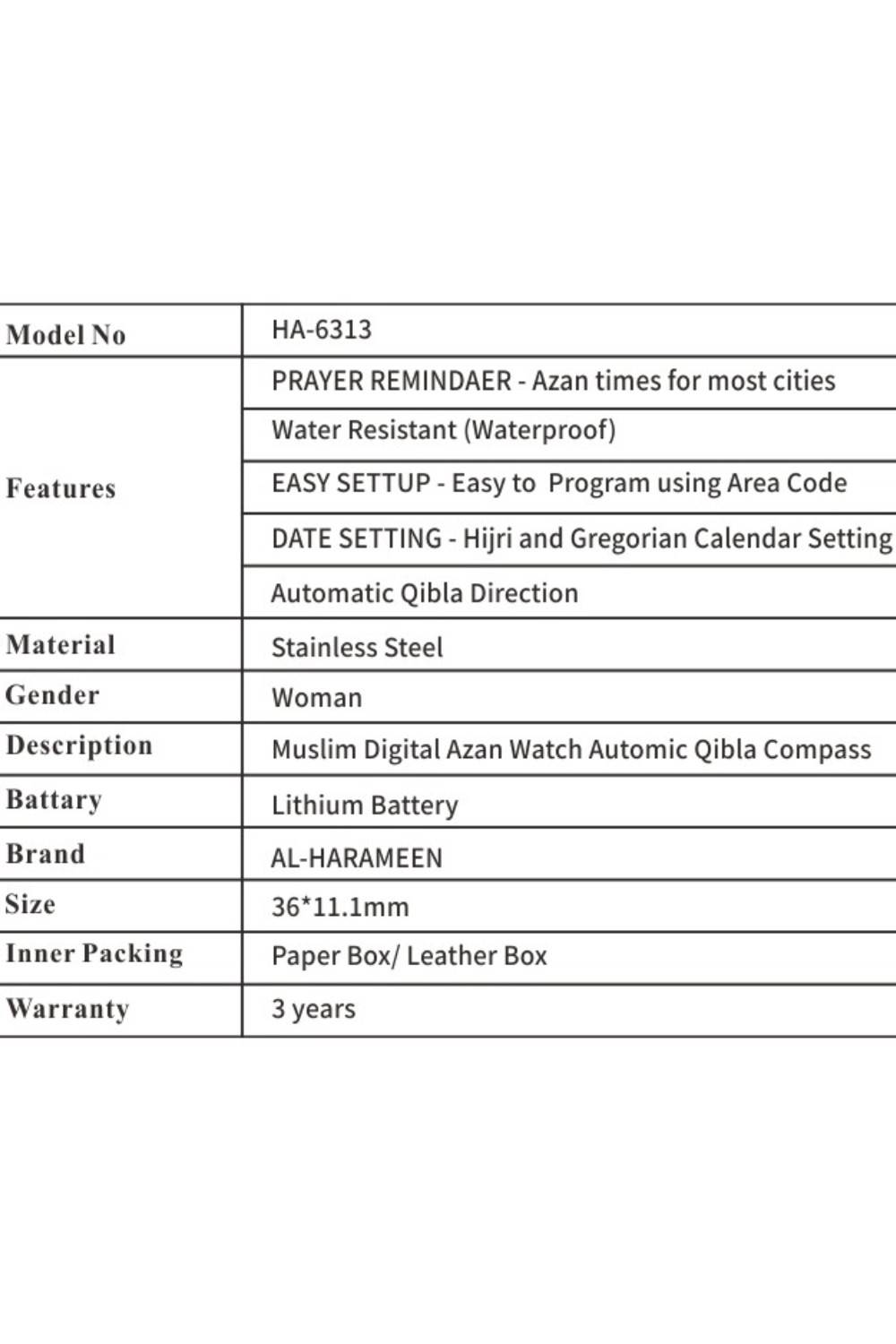 Alkuperäinen luksuskello AL-HARAMEEN HA-6313 Azan-aikakello, nahkainen lahjalaatikko, digitaalinen Azan-kello Al harameen-Montre & Horloge Adhan-Safwa Boutique