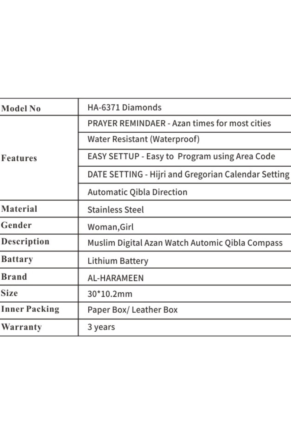 Vedenkestävä Azan-kello AL HARAMAIN HA-6371 Timantit ruostumattomasta teräksestä Azan-aika Digitaalinen kello-Montre & Horloge Adhan-Safwa Boutique