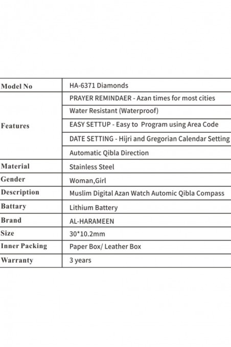 Vattentät Azan-klocka AL HARAMAIN HA-6371 Diamanter i rostfritt stål för älskare Azan tid klocka, Digital azan klocka-Montre & Horloge Adhan-Safwa Boutique