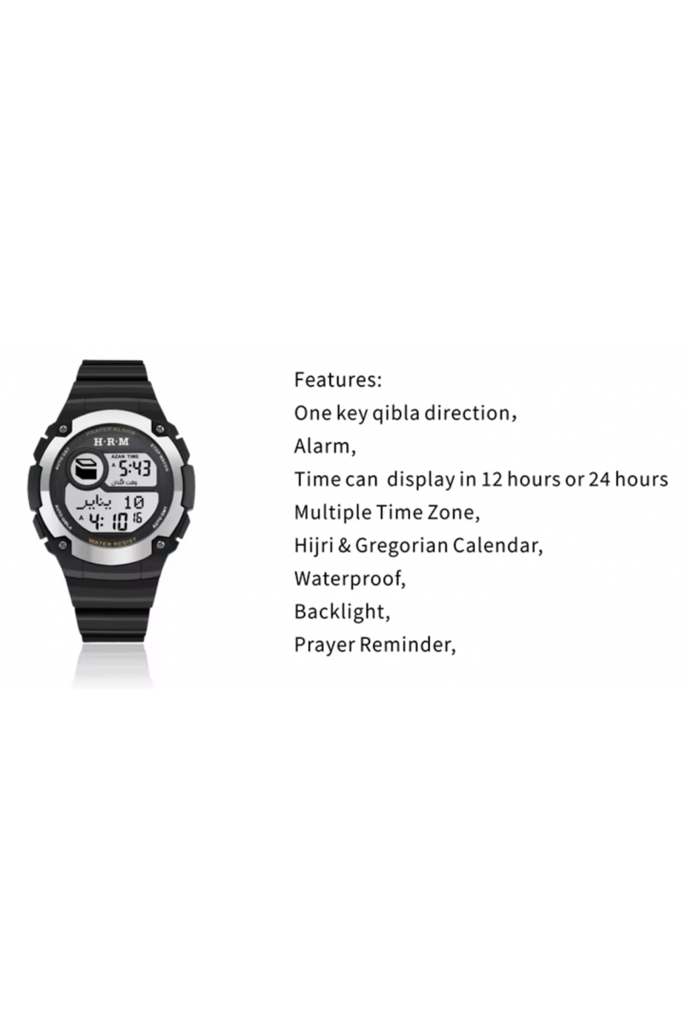 Relógio desportivo Al Harameen HA-6514, Relógio à prova de água com horários Azan Relógio Horas de oração em todo o mundo-Montre & Horloge Adhan-Safwa Boutique