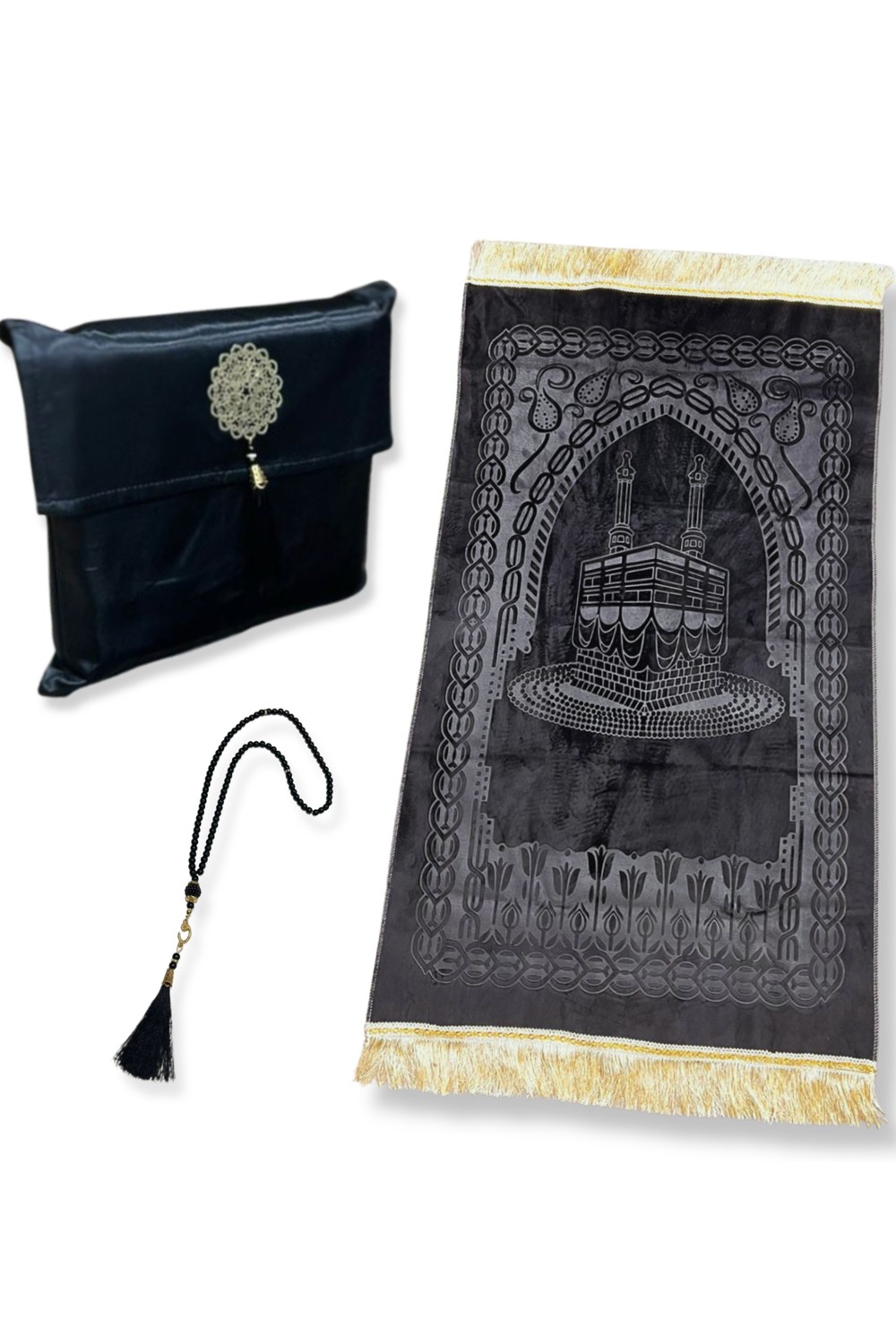 Elegant Gift Box Fabric Pouch Prayer Mat & Tasbih (Rosary) Luxury Velvet Sajada-Prayer Rugs Sejjada-Safwa Boutique