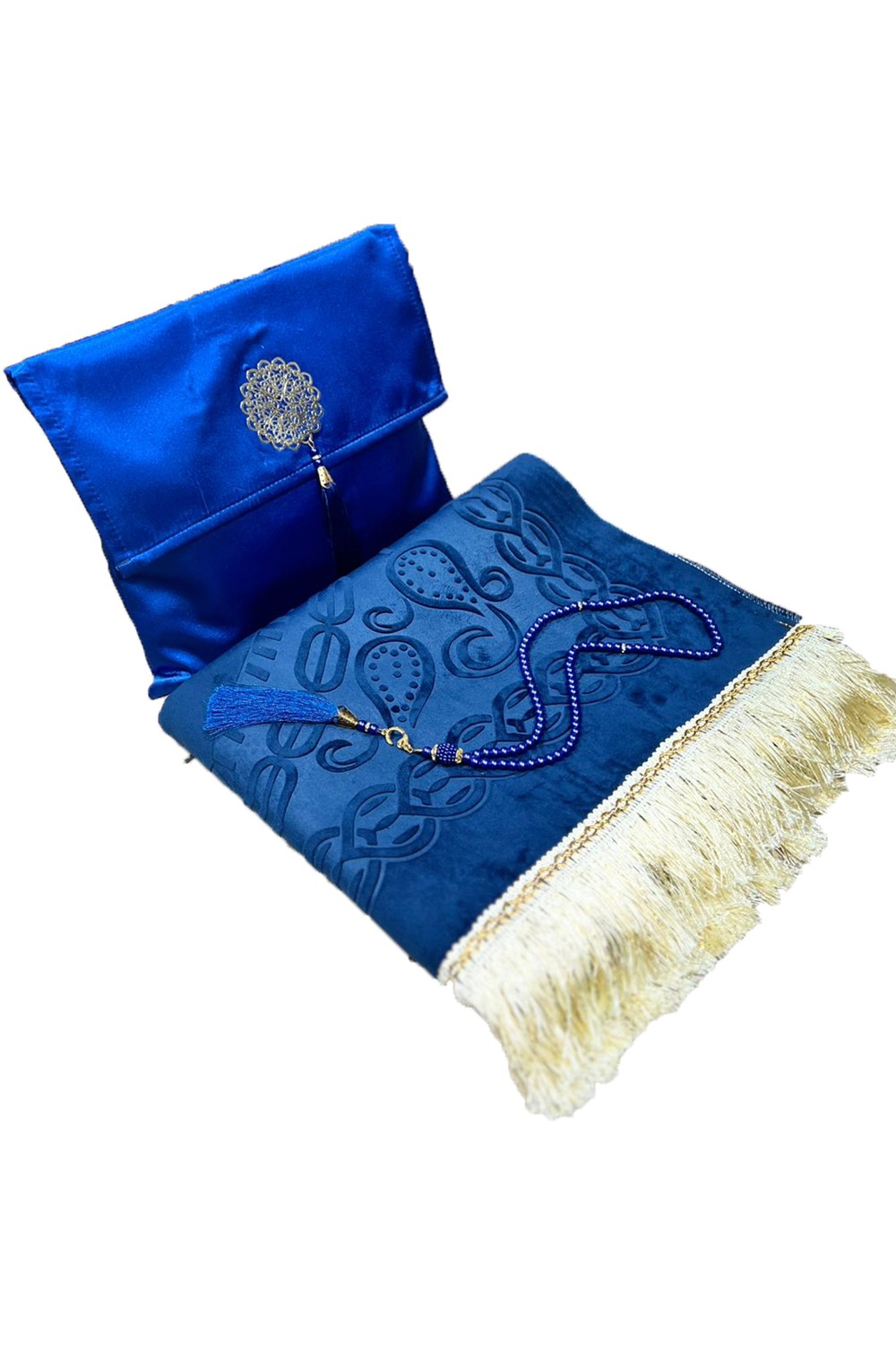 Elegant presentask Tygpåse Bönmatta & Tasbih (rosenkran) Sajada i lyxig sammet-Tapis de prière Sejjada-Safwa Boutique