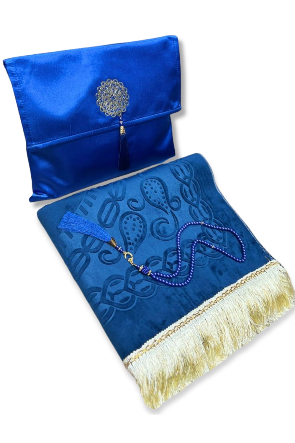Elegant presentask Tygpåse Bönmatta & Tasbih (rosenkran) Sajada i lyxig sammet-Tapis de prière Sejjada-Safwa Boutique