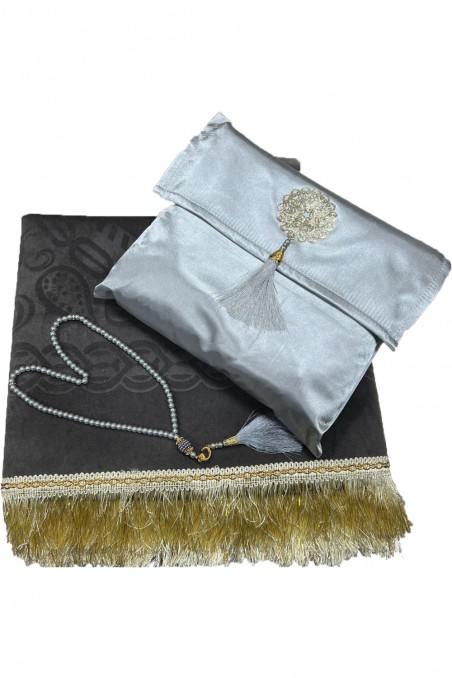 Elegant presentask Tygpåse Bönmatta & Tasbih (rosenkran) Sajada i lyxig sammet-Tapis de prière Sejjada-Safwa Boutique