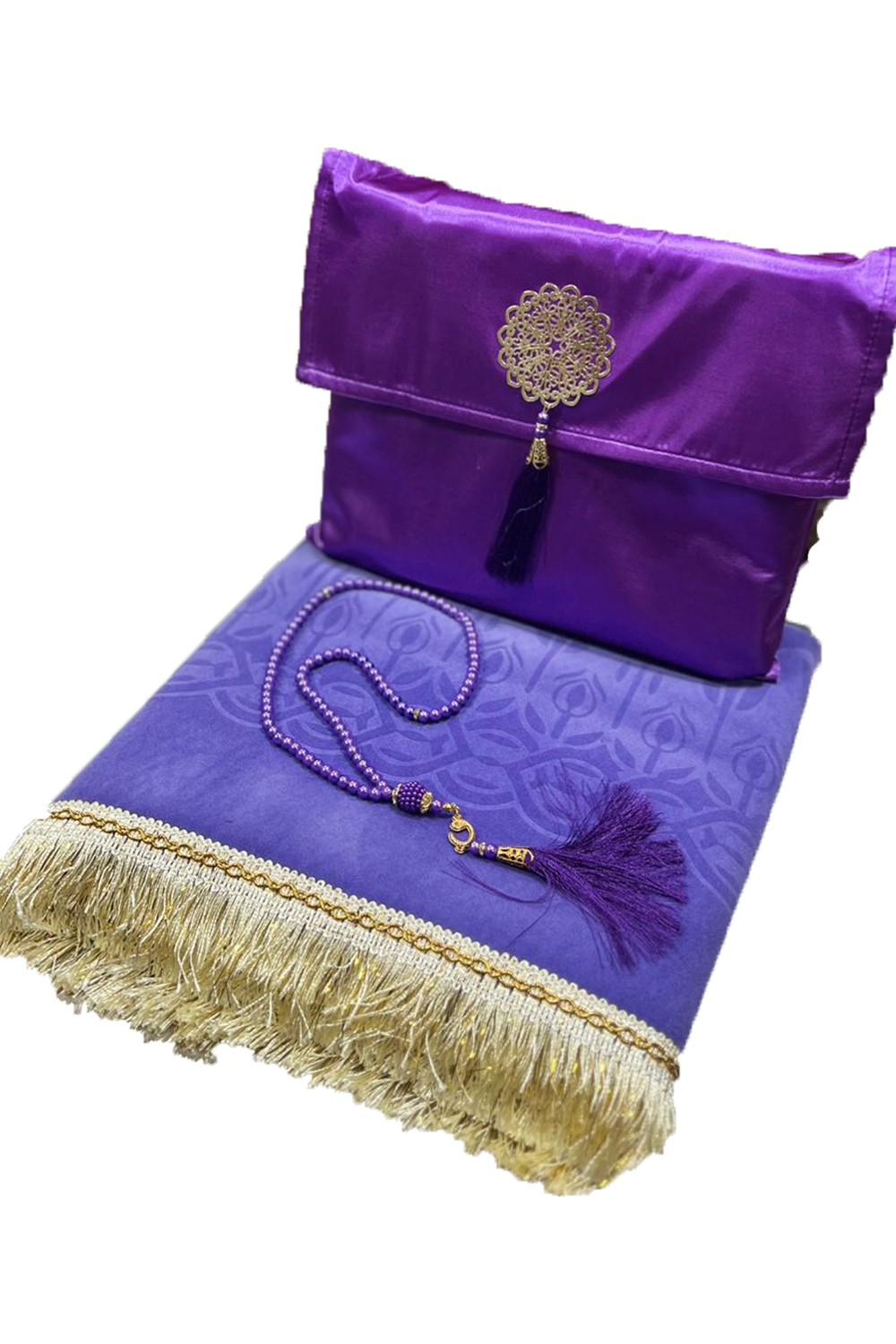 Elegant presentask Tygpåse Bönmatta & Tasbih (rosenkran) Sajada i lyxig sammet-Tapis de prière Sejjada-Safwa Boutique