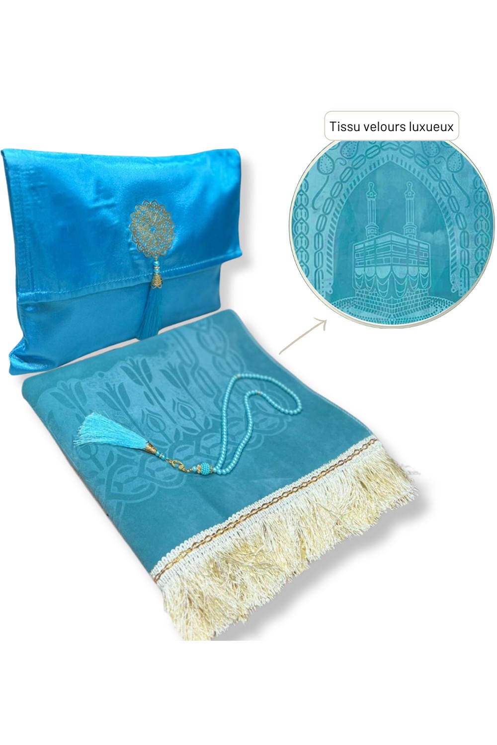 Elegant presentask Tygpåse Bönmatta & Tasbih (rosenkran) Sajada i lyxig sammet-Tapis de prière Sejjada-Safwa Boutique