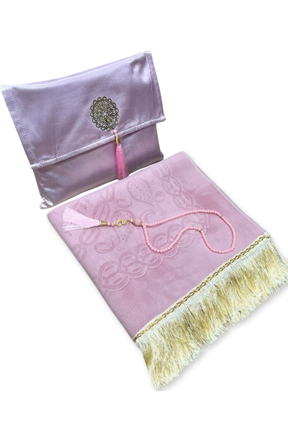 Elegant presentask Tygpåse Bönmatta & Tasbih (rosenkran) Sajada i lyxig sammet-Tapis de prière Sejjada-Safwa Boutique
