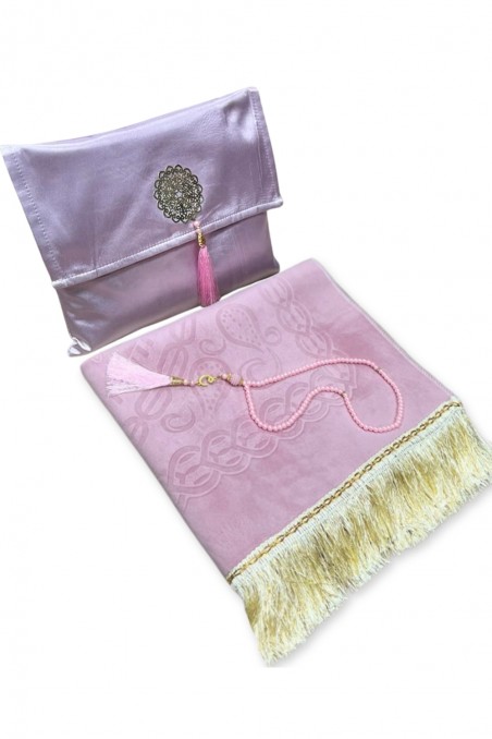 Elegant presentask Tygpåse Bönmatta & Tasbih (rosenkran) Sajada i lyxig sammet-Tapis de prière Sejjada-Safwa Boutique