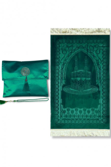 Elegant presentask Tygpåse Bönmatta & Tasbih (rosenkran) Sajada i lyxig sammet-Tapis de prière Sejjada-Safwa Boutique