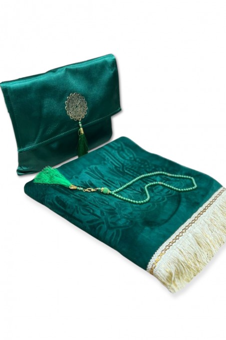Elegant presentask Tygpåse Bönmatta & Tasbih (rosenkran) Sajada i lyxig sammet-Tapis de prière Sejjada-Safwa Boutique