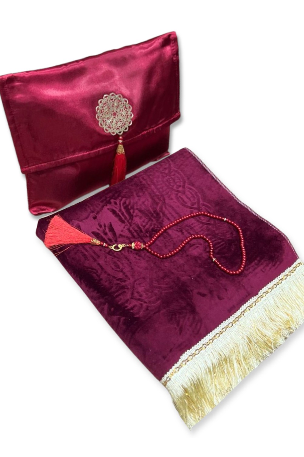 Elegant presentask Tygpåse Bönmatta & Tasbih (rosenkran) Sajada i lyxig sammet-Tapis de prière Sejjada-Safwa Boutique
