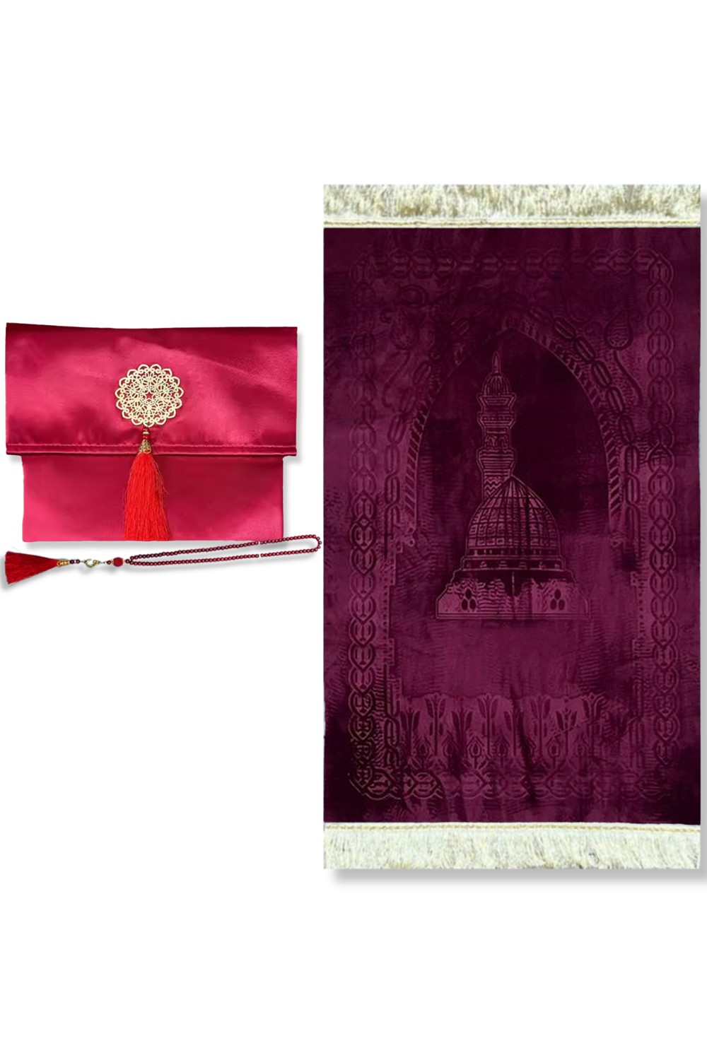 Elegant presentask Tygpåse Bönmatta & Tasbih (rosenkran) Sajada i lyxig sammet-Tapis de prière Sejjada-Safwa Boutique