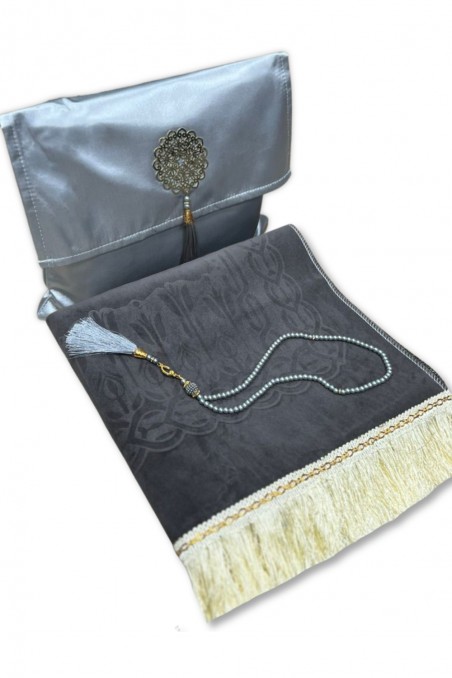 Elegant presentask Tygpåse Bönmatta & Tasbih (rosenkran) Sajada i lyxig sammet-Tapis de prière Sejjada-Safwa Boutique