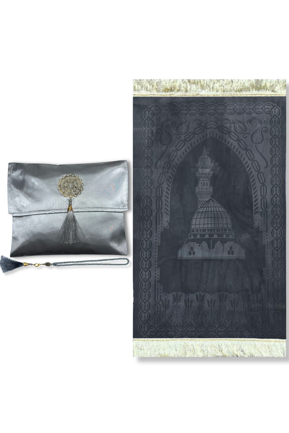 Elegant presentask Tygpåse Bönmatta & Tasbih (rosenkran) Sajada i lyxig sammet-Tapis de prière Sejjada-Safwa Boutique