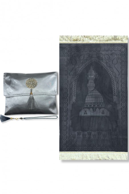 Elegant presentask Tygpåse Bönmatta & Tasbih (rosenkran) Sajada i lyxig sammet-Tapis de prière Sejjada-Safwa Boutique