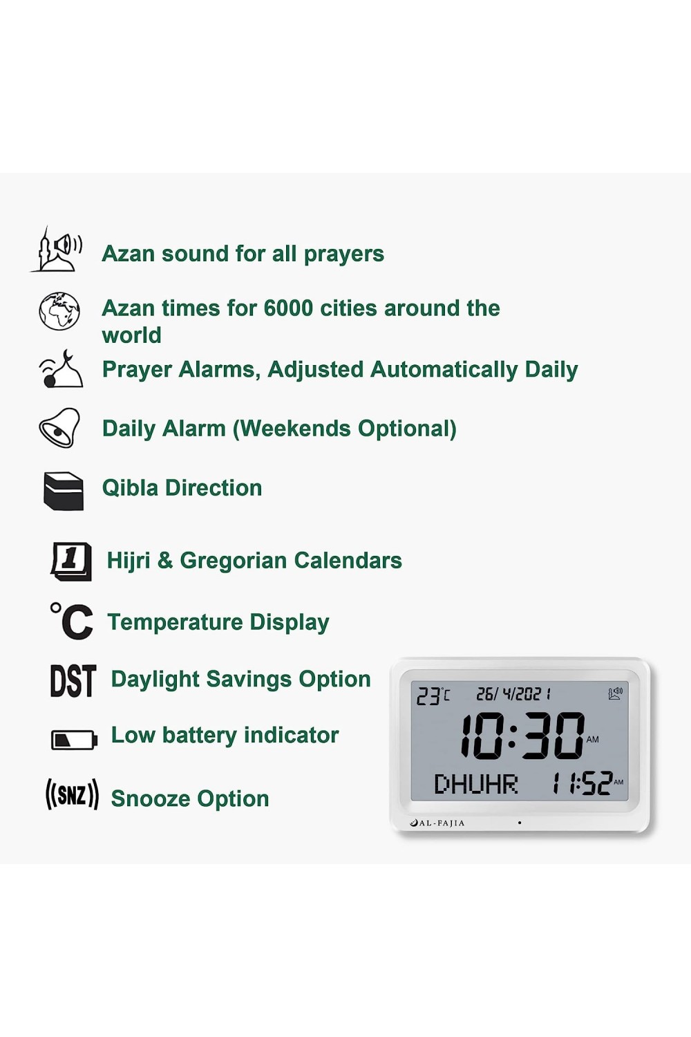 Adhan AL-FAJIA FAJ-113 kello (UUSI MALLI) 8 rukousääntä Azan-Montre & Horloge Adhan-Safwa Boutique