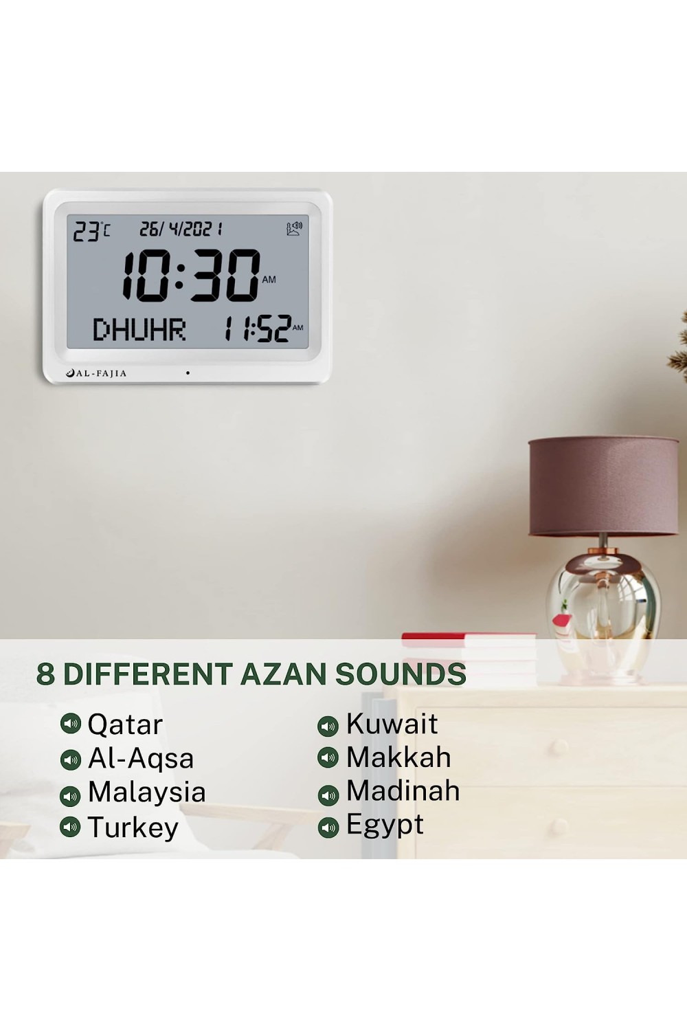 Relógio Adhan AL-FAJIA FAJ-113 (NOVO MODELO) 8 sons de oração Azan-Montre & Horloge Adhan-Safwa Boutique