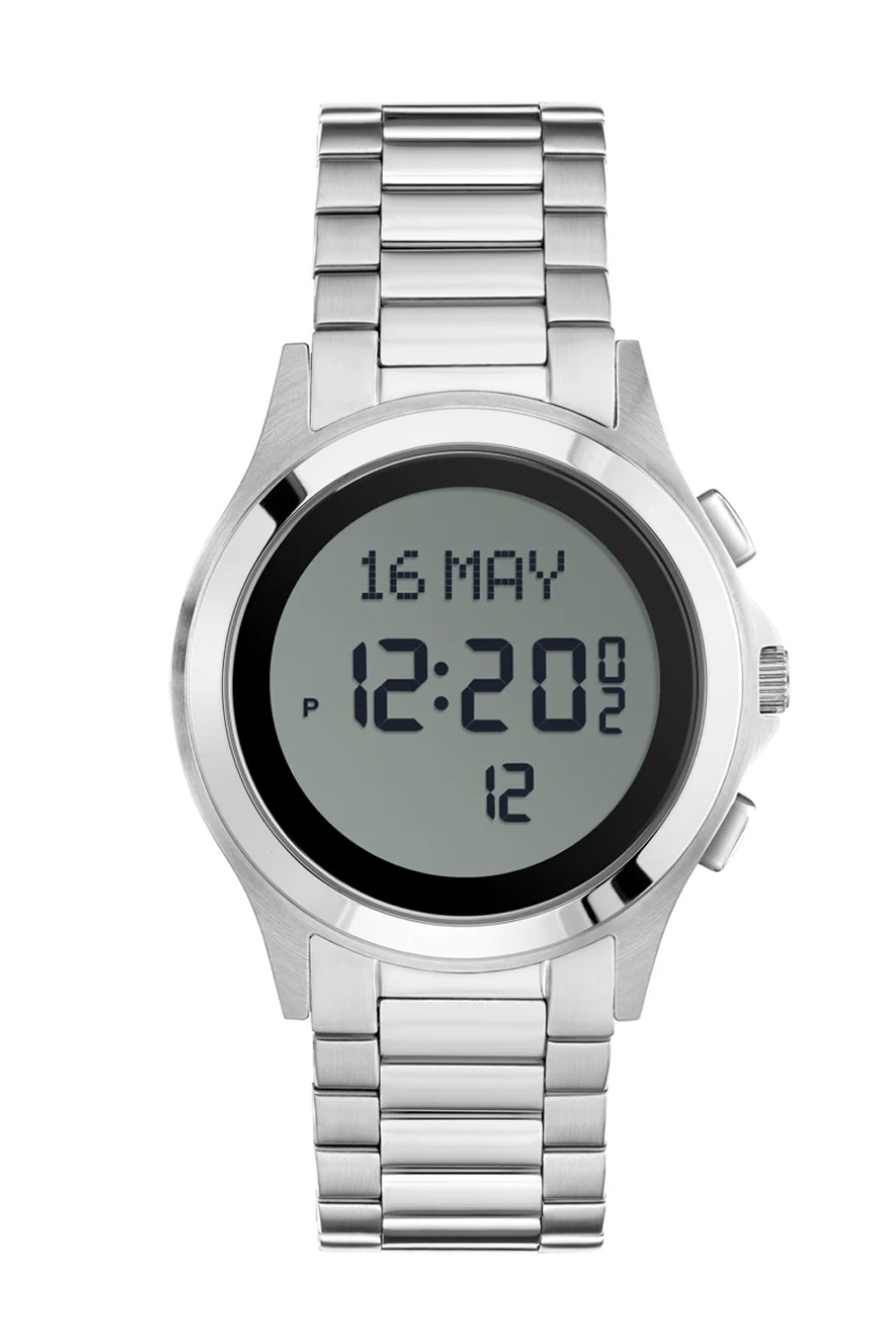 Digitaalinen pyöreä Al Fajr WR-02 ruostumaton hopea kello (rukousmuistutukset, Qibla, kalenterit...)-Montre & Horloge Adhan-Safwa Boutique