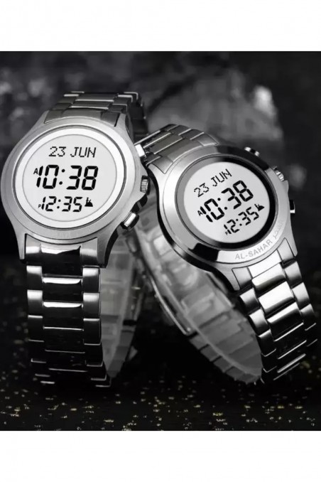 Digitalt Rundt Al Fajr WR-02 Rustfrit Stål Sølv Ur (Bøn Påmindelser, Qibla, Kalendere...)-Montre & Horloge Adhan-Safwa Boutique