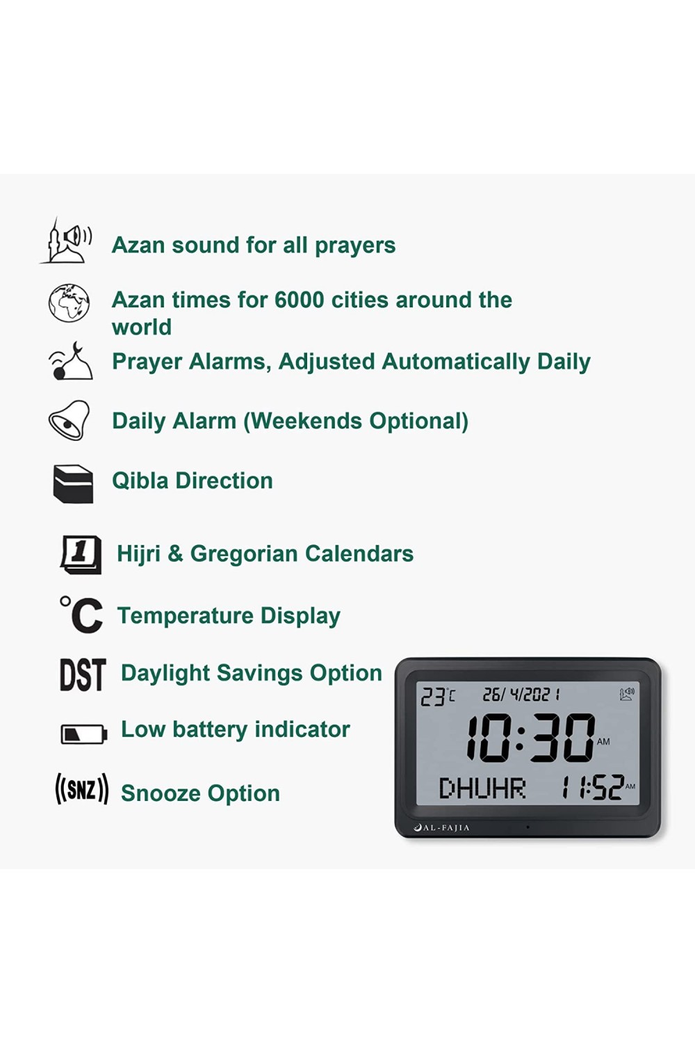 Adhan AL-FAJIA FAJ-113 kello (UUSI MALLI) 8 rukousääntä Azan-Montre & Horloge Adhan-Safwa Boutique