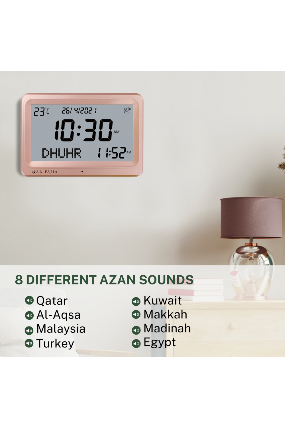 Relógio Adhan AL-FAJIA FAJ-113 (NOVO MODELO) 8 sons de oração Azan-Montre & Horloge Adhan-Safwa Boutique