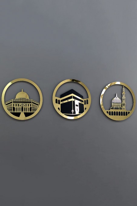 Conjunto de Arte Mural Islâmica Redonda 30x30 cm - Masjid Al-Haram, Masjid Al-Aqsa, Masjid An-Nabawi | Decoração Mural Islâmica-Décoration islamique-Safwa Boutique