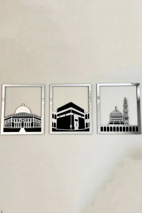 Conjunto de Arte Mural Islâmica - Moldura Retangular 38x30 cm | Masjid Al-Haram, Masjid Al-Aqsa, Masjid An-Nabawi-Décoration islamique-Safwa Boutique
