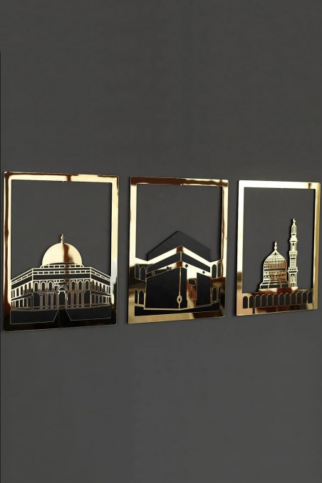 Islamisk Väggkonst Set - Rektangulär Ram 38x30 cm | Masjid Al-Haram, Masjid Al-Aqsa, Masjid An-Nabawi-Décoration islamique-Safwa Boutique