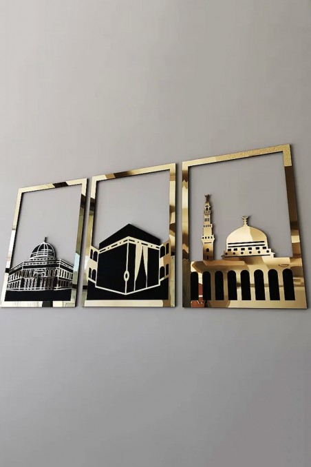 Conjunto de Arte Mural Islâmica - Moldura Retangular 38x30 cm | Masjid Al-Haram, Masjid Al-Aqsa, Masjid An-Nabawi-Décoration islamique-Safwa Boutique