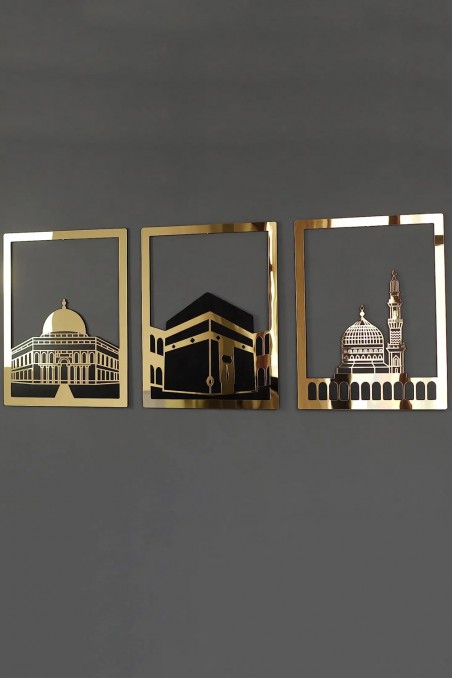 Ensemble d'Art Mural Islamique – Cadre Rectangulaire 38x30 cm | Masjid Al-Haram, Masjid Al-Aqsa, Masjid An-Nabawi-Décoration islamique-Safwa Boutique
