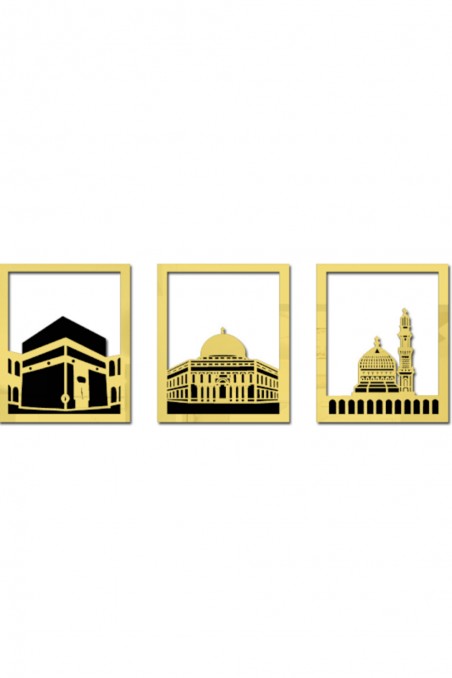 Islamisk Vægkunst Sæt - Rektangulær Ramme 38x30 cm | Masjid Al-Haram, Masjid Al-Aqsa, Masjid An-Nabawi-Décoration islamique-Safwa Boutique