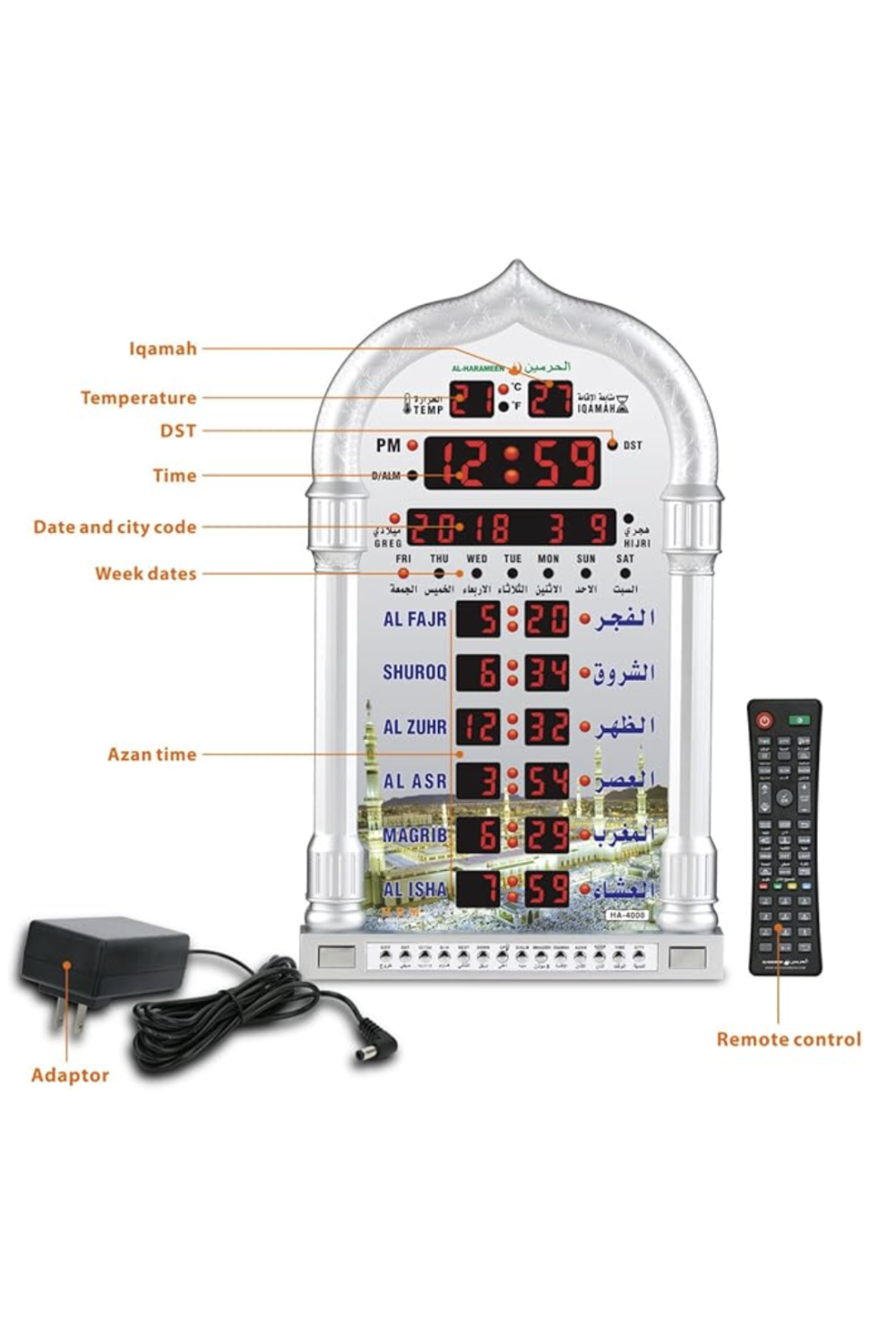 Automatisk Adhan veggklokke med Azan AL-HARAMEEN HA-4008 bønnetider med kalendere-Montre & Horloge Adhan-Safwa Boutique