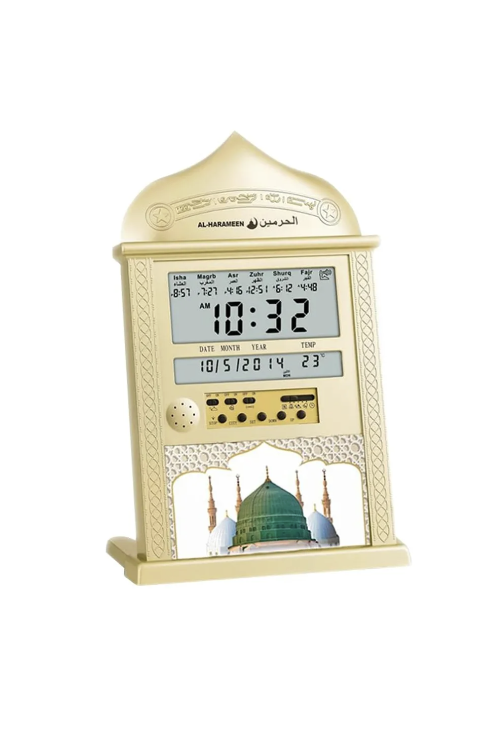 Automaattinen seinä-Adhan-kello AL-HARAMEEN HA-4004 – Rukousajat, Qibla, Hijri- ja Gregoriaaniset kalenterit-Montre & Horloge Adhan-Safwa Boutique