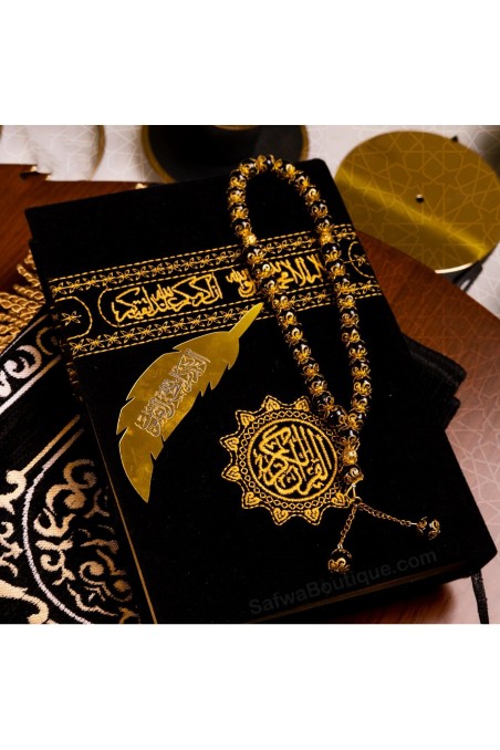 Corán Árabe Kaaba – Cubierta de Terciopelo Negro con Bordado Dorado – Mushaf Uthmani – Hafs – 14×20 cm-القرءان – Corán-Safwa Boutique